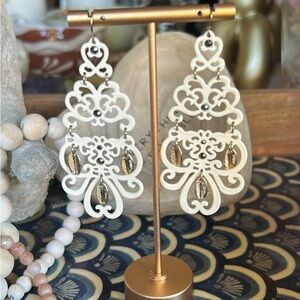 & Other Stories White Filigree Drop Earrings with Gold Leaf Charms